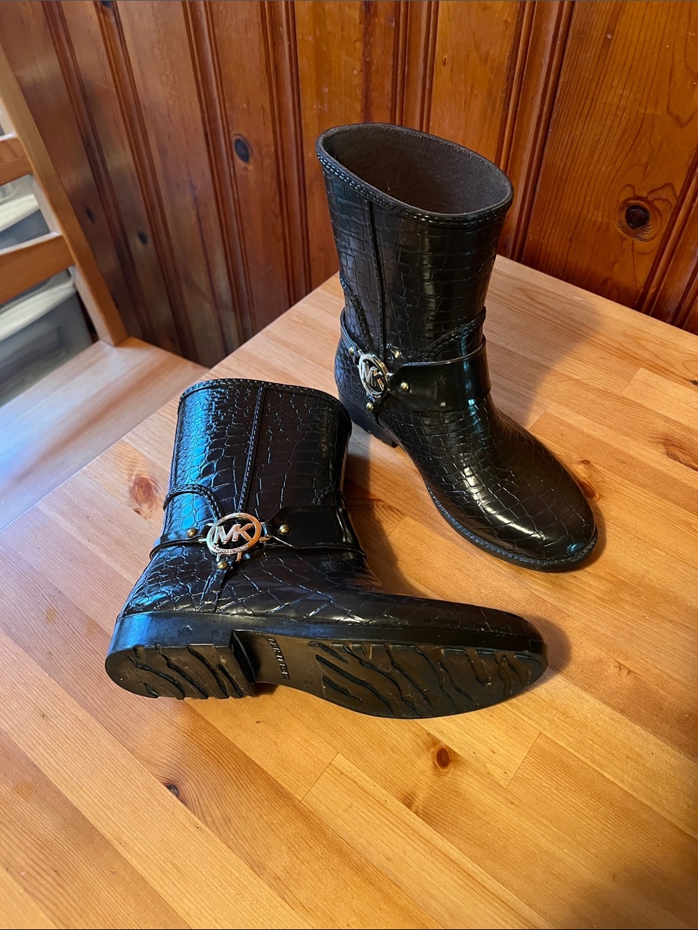 Michael Kors Chocolate Brown Croc-Embossed Mid-Calf Rain Boots with MK Hardware
